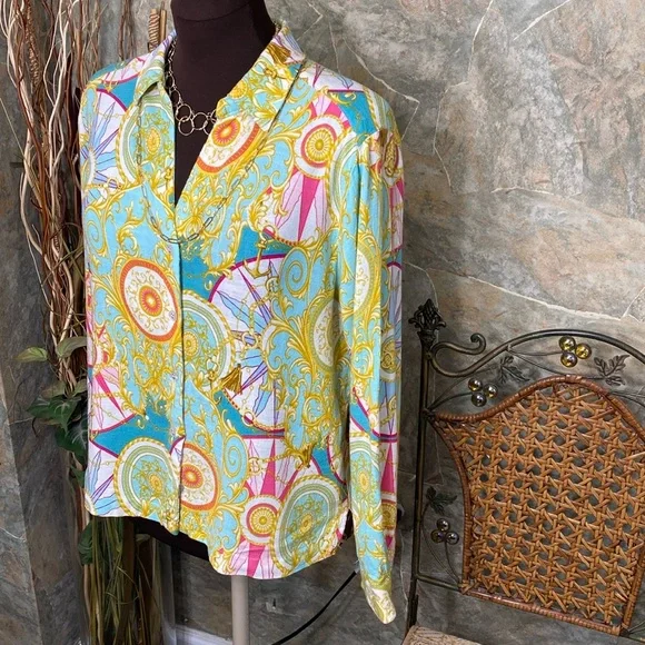 Jane & Delancey 🌹 shirt, top blouse tunic sleeve button collar paisley nautical - Picture 8 of 12